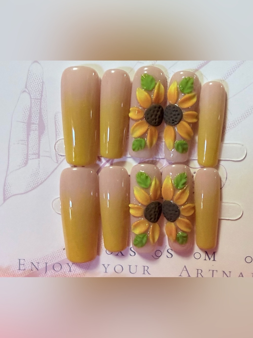 Handmade Sunflower Press-On Nails in Yellow and Nude